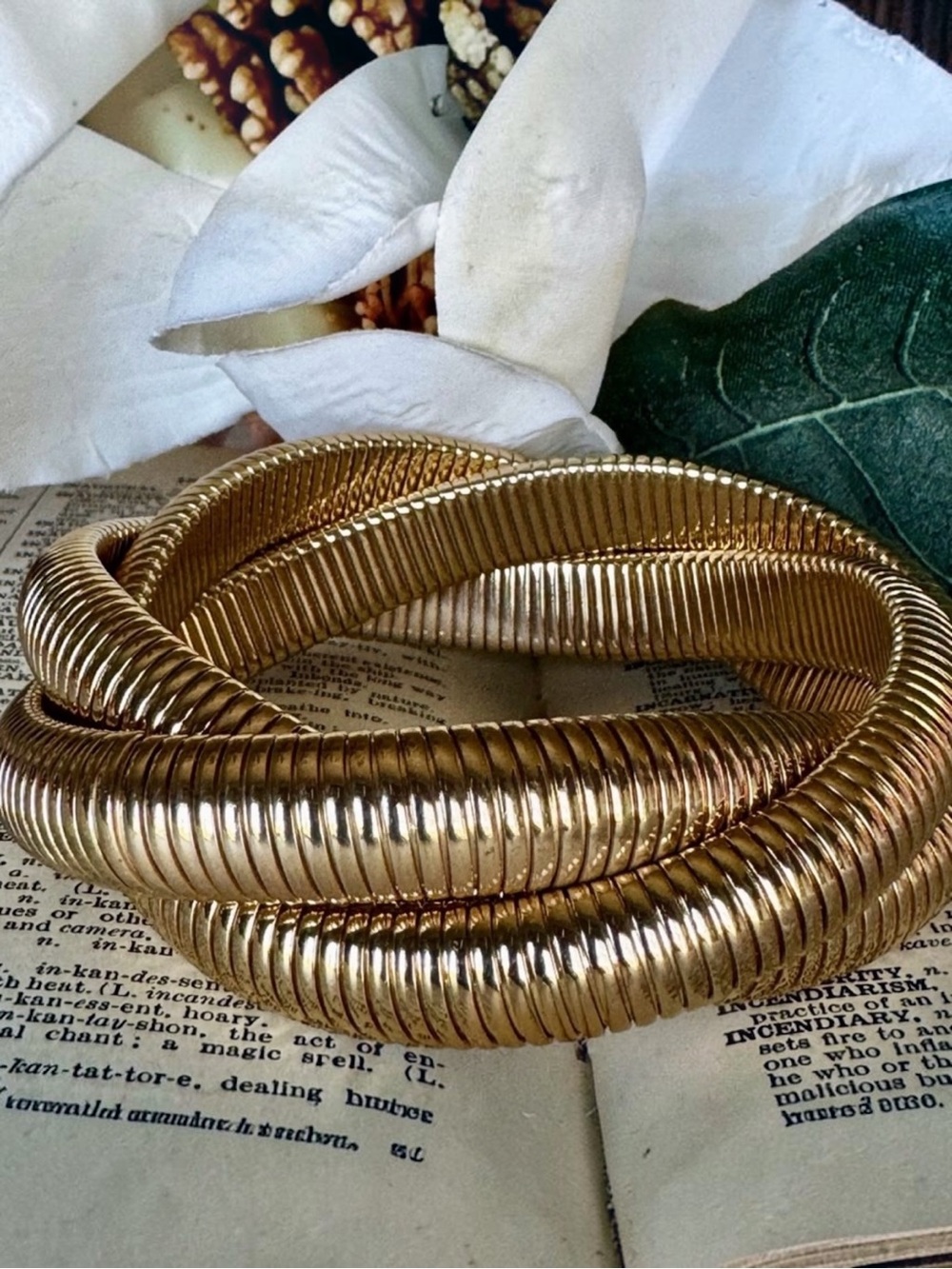 Chunky Gold Triple Coil Bangle Bracelet Ribbed Tubular Statement 3 1/2”  Cuff